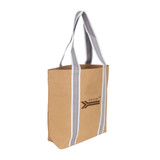 A small brown washable kraft paper bag with grey cotton handles and a logo.