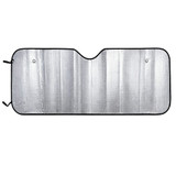 A full colour printed bubble aluminium car sun shade featuring a silver reflective design and black edging.