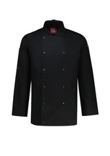 A black long sleeve chef jacket with a button-up front and a logo on the sleeve.