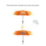 A 23'' orange colour-changing umbrella with a logo, featuring a curved handle for easy grip.