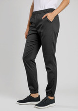 A pair of black jogger pants with an elastic waistband and pockets, designed for women's chefwear.