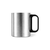 A stainless steel insulated mug with a black plastic handle, available in 170ML and 270ML sizes. Features a logo.