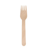 A wooden fork with a smooth finish and light natural colour, part of a disposable cutlery set.