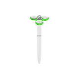 A fidget pen with a white body and green spinner design at the top, featuring a silver detailing.