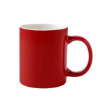 A red ceramic mug with a glossy finish and a sturdy handle, featuring a plain design.
