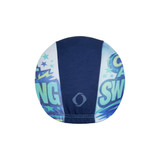 A full colour polyester swimming cap featuring blue and white sections with a logo.
