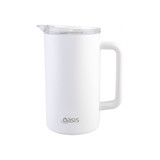 A drink bottle with a white ceramic lined exterior, featuring a clear lid and a sturdy handle. It has a logo on the front.