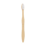 A large wavy handle toothbrush in a natural wood tone with white bristles and a simple design.