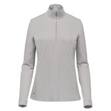 A grey women's pullover featuring a 1/4 zip and long sleeves, with a small logo on the lower side.