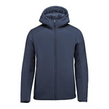 A navy puffer jacket featuring a hood and a front zip closure. The jacket has a simple design and includes a logo.