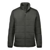 A dark grey puffer jacket with a high collar and zip front, featuring a logo on the side.