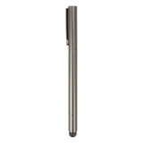 A silver, sleek 2 in 1 pencil with a clip and a logo. It features a simple, minimalist design.