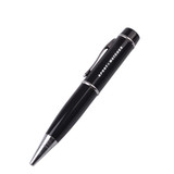 A sleek black pen with metallic accents, featuring a logo and a clip for easy attachment.