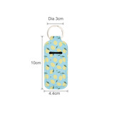 A blue neoprene bag featuring a lemon pattern, with dimensions and a keyring attachment.