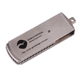 A metal rectangular swivel flash drive in silver with a logo. It features a swivel mechanism for easy access.