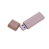 A rounded wooden flash drive in light timber, featuring a removable cap and a USB connection.
