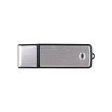 A silver and black flash drive with a metallic finish and a small attachment loop. It features a logo.
