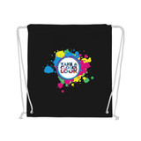 A black drawstring cotton bag featuring a colourful splash design and a logo in the centre.