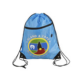 A blue polyester drawstring bag featuring a zippered pocket and a logo on the front.