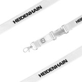 A white poly satin lanyard featuring a clip and a logo.