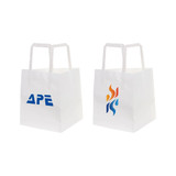 Two flat handle kraft paper bags in white, featuring logos on each side. Each bag measures 150x170x150mm.