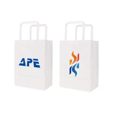 Flat handle kraft paper bags in white, featuring logos on both sides. Dimensions are 175x240x110mm.