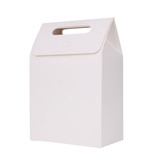 A white die cut handle bag with a triangular top and a handle, featuring a plain design.