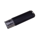 A black flash drive with a transparent end, featuring a logo and a sleek design for easy portability.