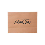 A large brown paper bag with a flat handle and a logo printed on the front.