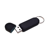 A black Erato flash drive with a cap removed, featuring a keychain attachment.