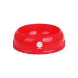 A red dog bowl with a rounded shape and a logo on the side.