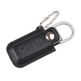A black leather pouch flash drive with a silver keychain attachment and a logo on the surface.