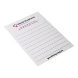 A magnetic whiteboard in white with a logo and several horizontal lines for writing.