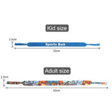 A blue sports belt for kids and a patterned sports belt for adults, both displayed with their sizes.