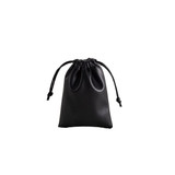 A black PU leather drawstring gift bag with a gathered top and adjustable cords.