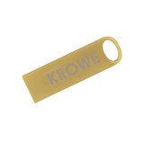 A gold flash drive with a keyring hole and a logo on its surface.