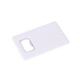 A drink bottle opener and flash drive in a sleek white card shape. Features a cut-out for easy use and a logo.