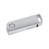 A silver metal swivel flash drive with a sleek design and a circular hole for attachment.