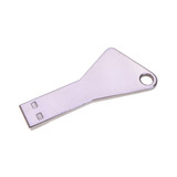 A silver flash drive shaped like a key, featuring a loop for attachment and a sleek design.