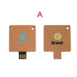 A square eco-friendly flash drive in brown cardboard with two sides featuring logos and a USB connector.