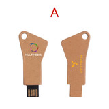 A brown eco-friendly flash drive with a unique key shape and two sides, featuring a logo on each side.