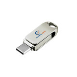 A silver Type-C flash drive featuring a logo, with a retractable connector for easy access.