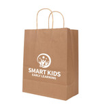A brown kraft paper bag with twisted handles and a circular logo featuring a design, measuring 260x330x120mm.