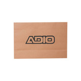 A small brown paper bag with a flat handle and a logo printed on the front.