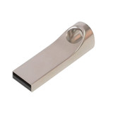 A silver flash drive with a sleek, metallic design. It features a rounded end and a branding logo.