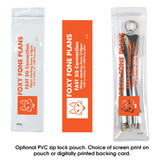 A transparent PVC zip lock pouch containing a backing card and keychain accessories, featuring orange and white colors.