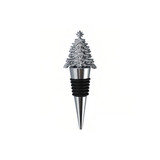 A drink bottle stopper shaped like a silver Christmas tree with a black rubber base, featuring a logo.