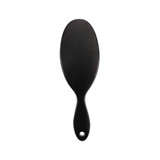 A black custom hair brush with an oval shape and a handle, featuring a hole for hanging.