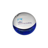 A round blue and silver flash drive featuring a logo and branding on its surface.