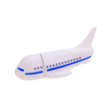 An aeroplane-shaped flash drive in white with blue detailing. It features a logo on its side.